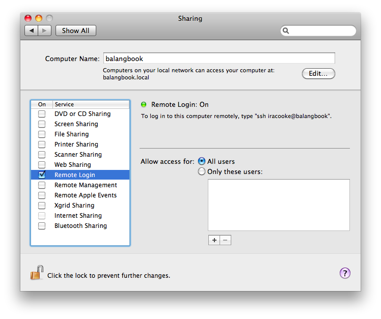 Mac OSX screenshot showing how to enable remote login. Screenshot